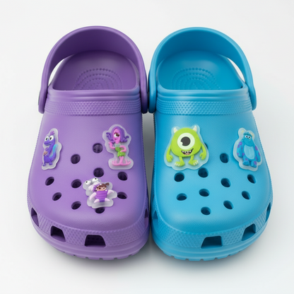 Set of Monsters Inc. custom shoe charms on a blue background with character illustrations.
