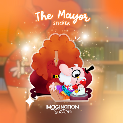 Retro Mayor sticker featuring nostalgic Powerpuff Girls cartoon fan art on transparent matte vinyl, waterproof design perfect for laptops