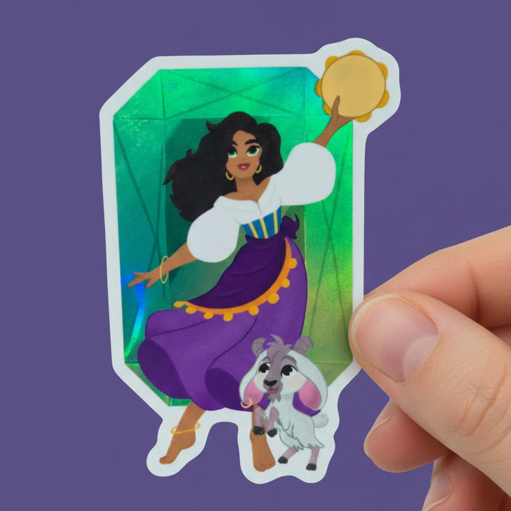 Cartoon character in a purple dress with a dog on a purple background
