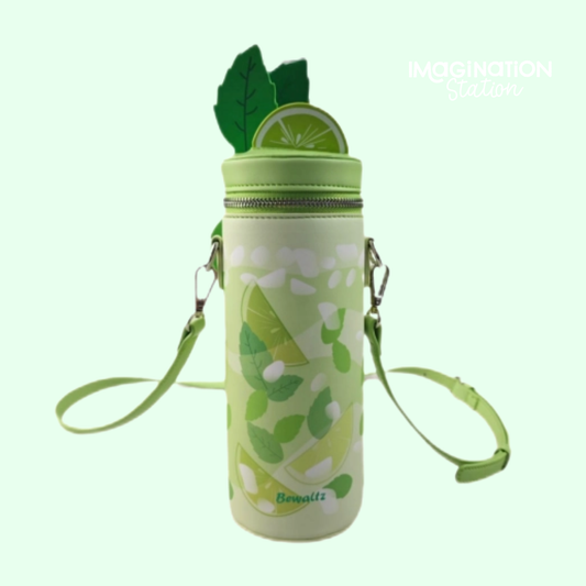 Mojito Lime water bottle crossbody bag front view showing lime slice and mint leaf topper