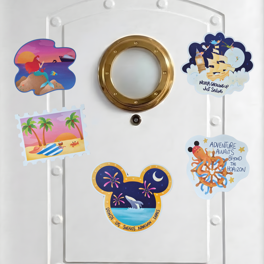 A mockup of a white cruise cabin door with a brass porthole, decorated with five custom Disney magnets: Ariel at sunset, Peter Pan sailing over Big Ben, a Mickey head with fireworks, a tropical beach stamp, and a happy octopus in a ship's wheel.