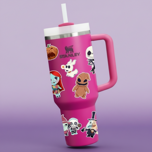 tumbler with 'The Nightmare Before Christmas' characters on a dark purple background