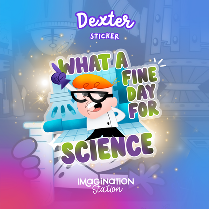 Sticker design with a character holding a microphone and text 'What a Fine Day for Science' on a colorful background.