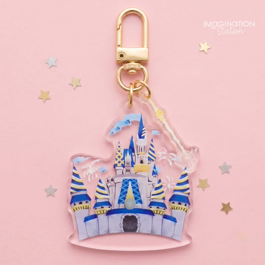 Disney Castle Light-Up Keychain – Pink Glow Acrylic Charm with Fireworks
