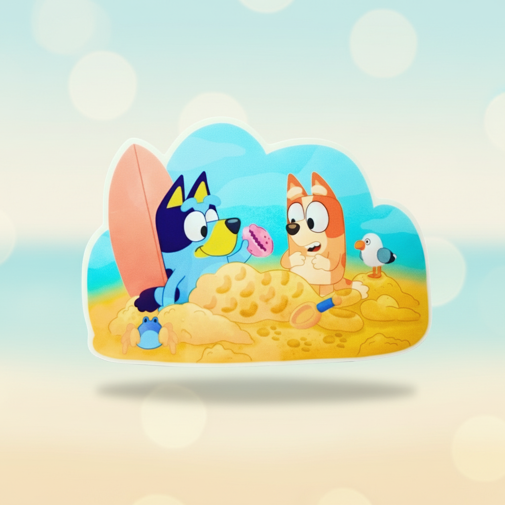 Bluey sticker with two cartoon characters on a beach with 'Bluey' and 'Imagination Station' text.