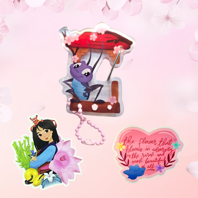 Set of colorful stickers featuring a character, a flower, and text on a pink background.