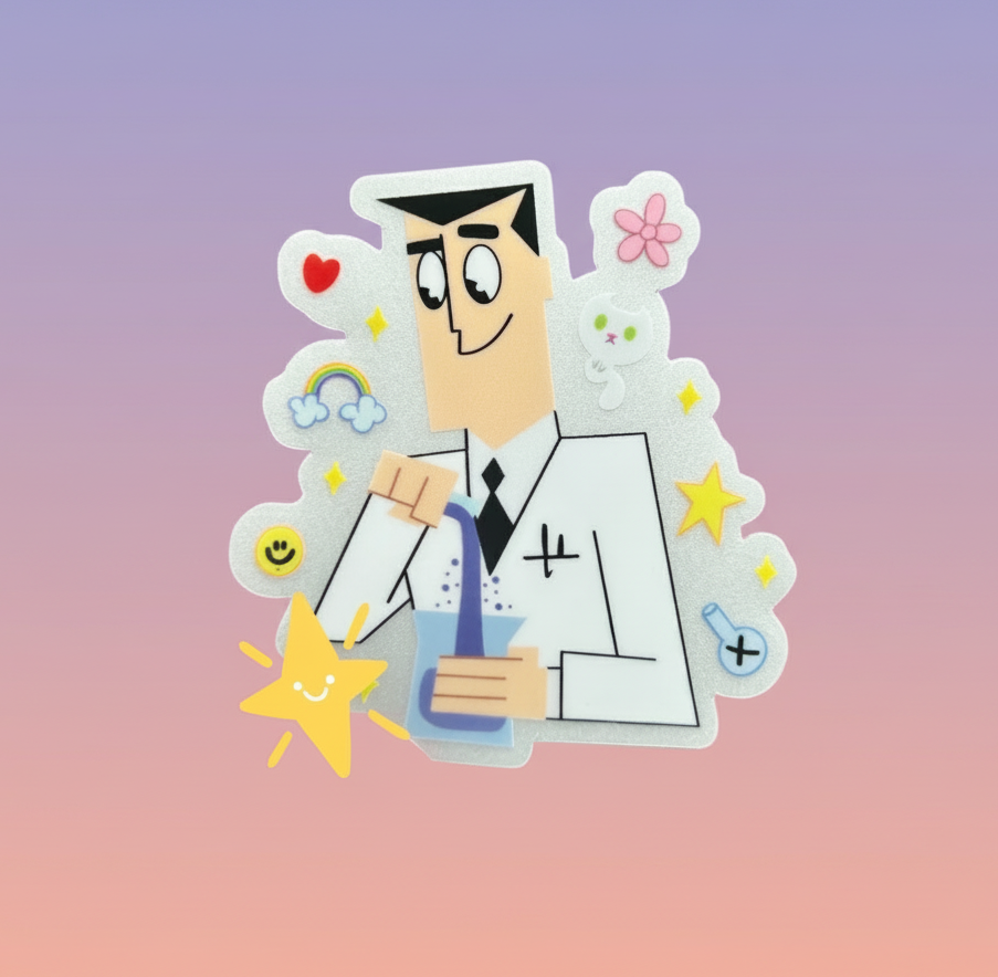 Sticker of a cartoon scientist character with colorful background and 'Professor Vtonium' text.