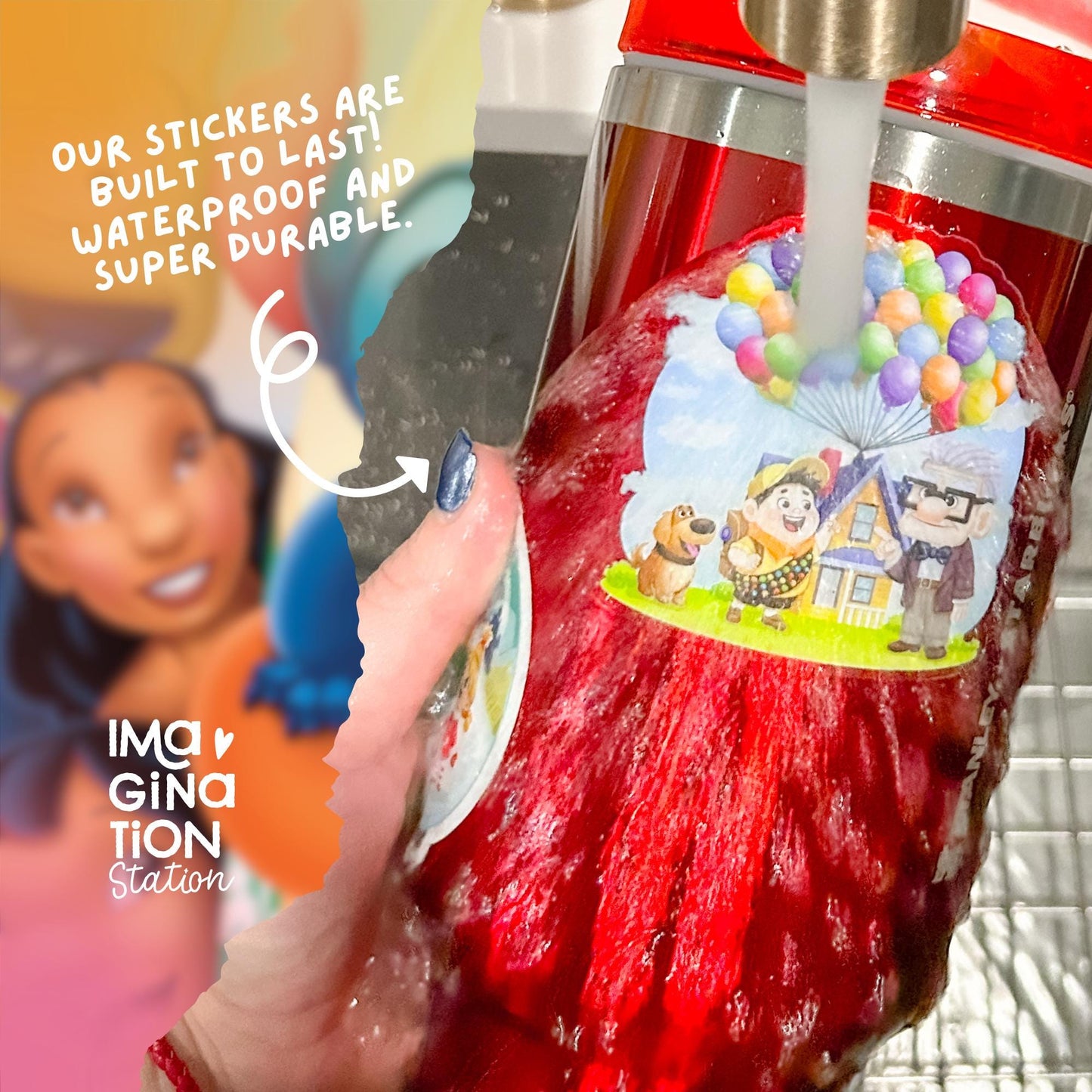Red bottle with a colorful sticker featuring cartoon characters, held by a hand, with text about stickers' durability.