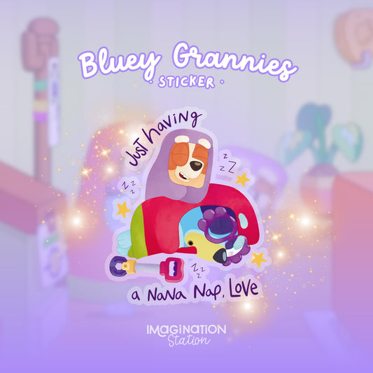 Sticker design with a cartoon character and text 'Bluey Grannies' on a colorful background.