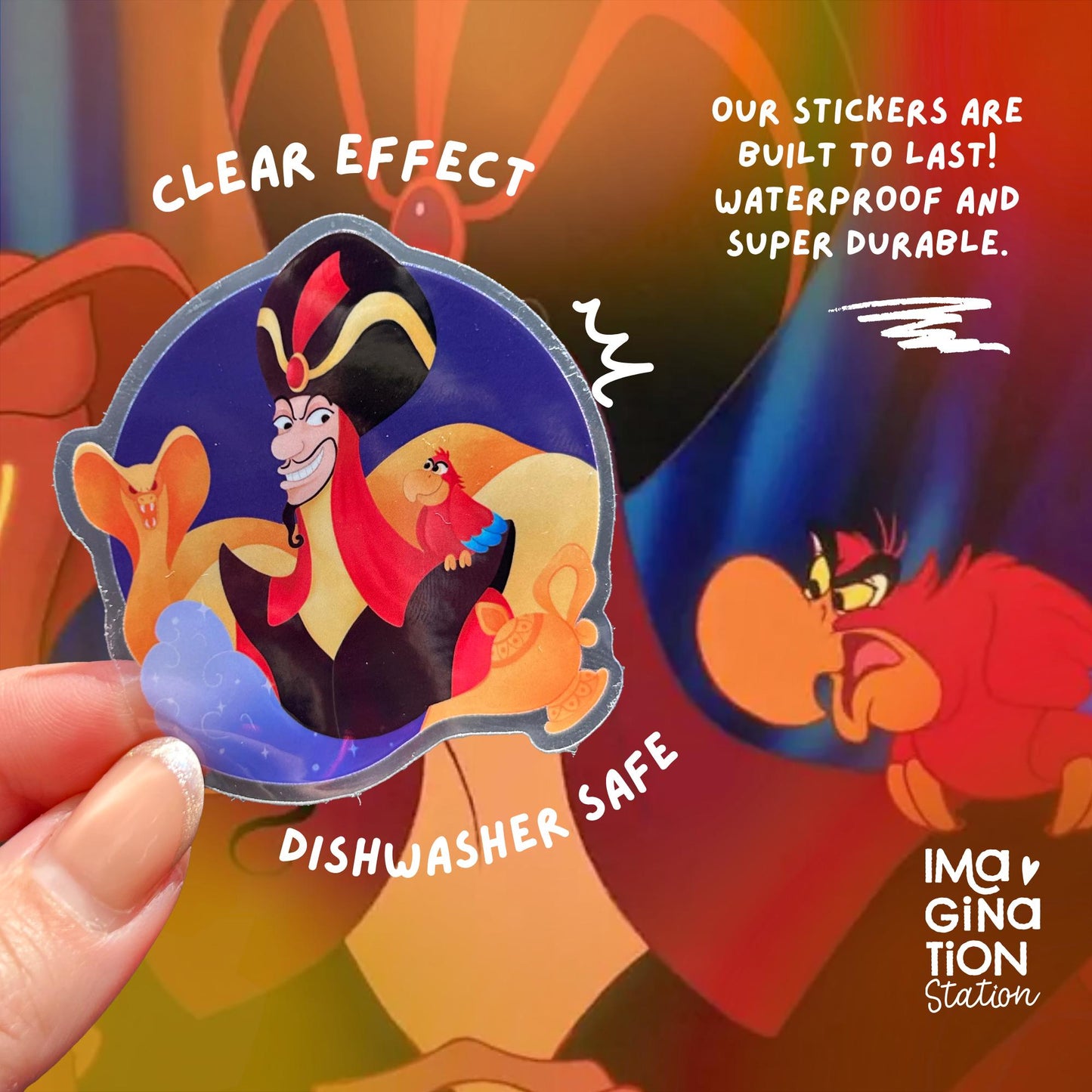 Jafar Aladdin Disney villain sticker held by hand – transparent glossy waterproof vinyl decal