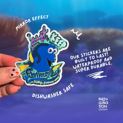 Dory Just Keep Swimming sticker on water bottle – Finding Nemo mirror effect Disney vinyl
