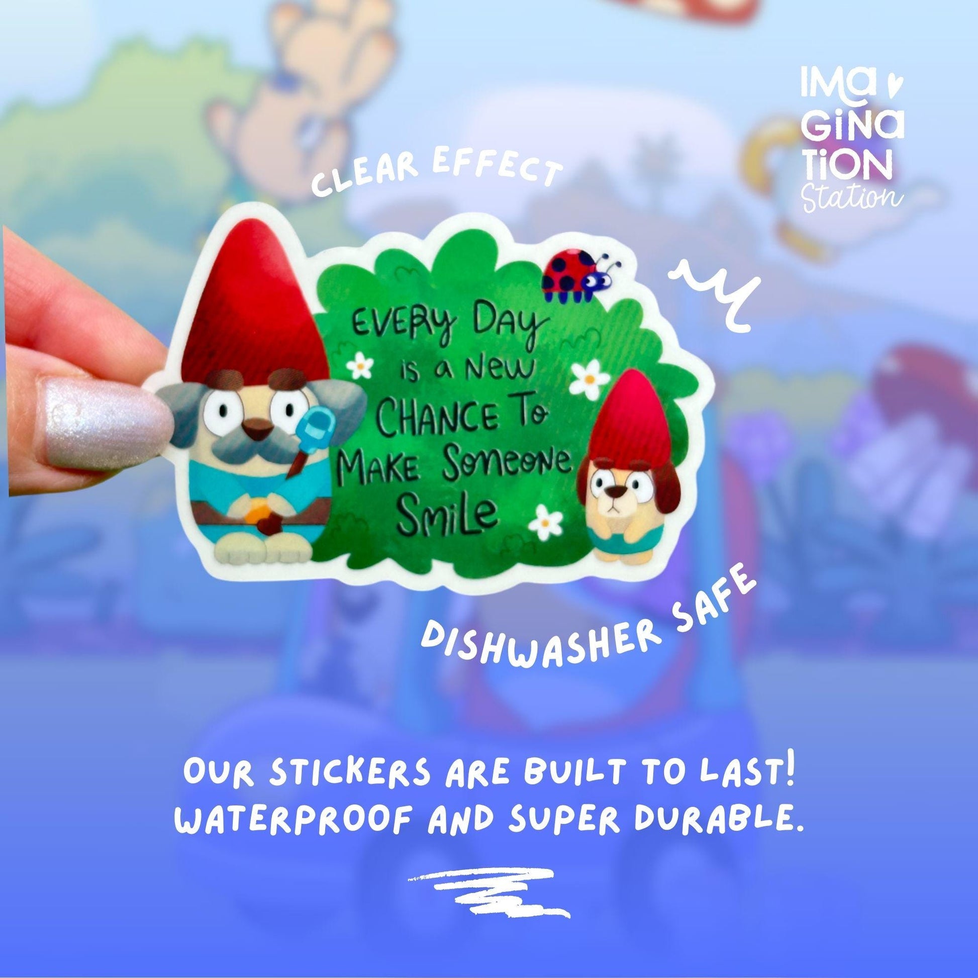 Bluey Gnomes sticker on water bottle – clear glossy Disney episode humor vinyl decal