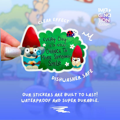 Bluey Gnomes sticker on water bottle – clear glossy Disney episode humor vinyl decal