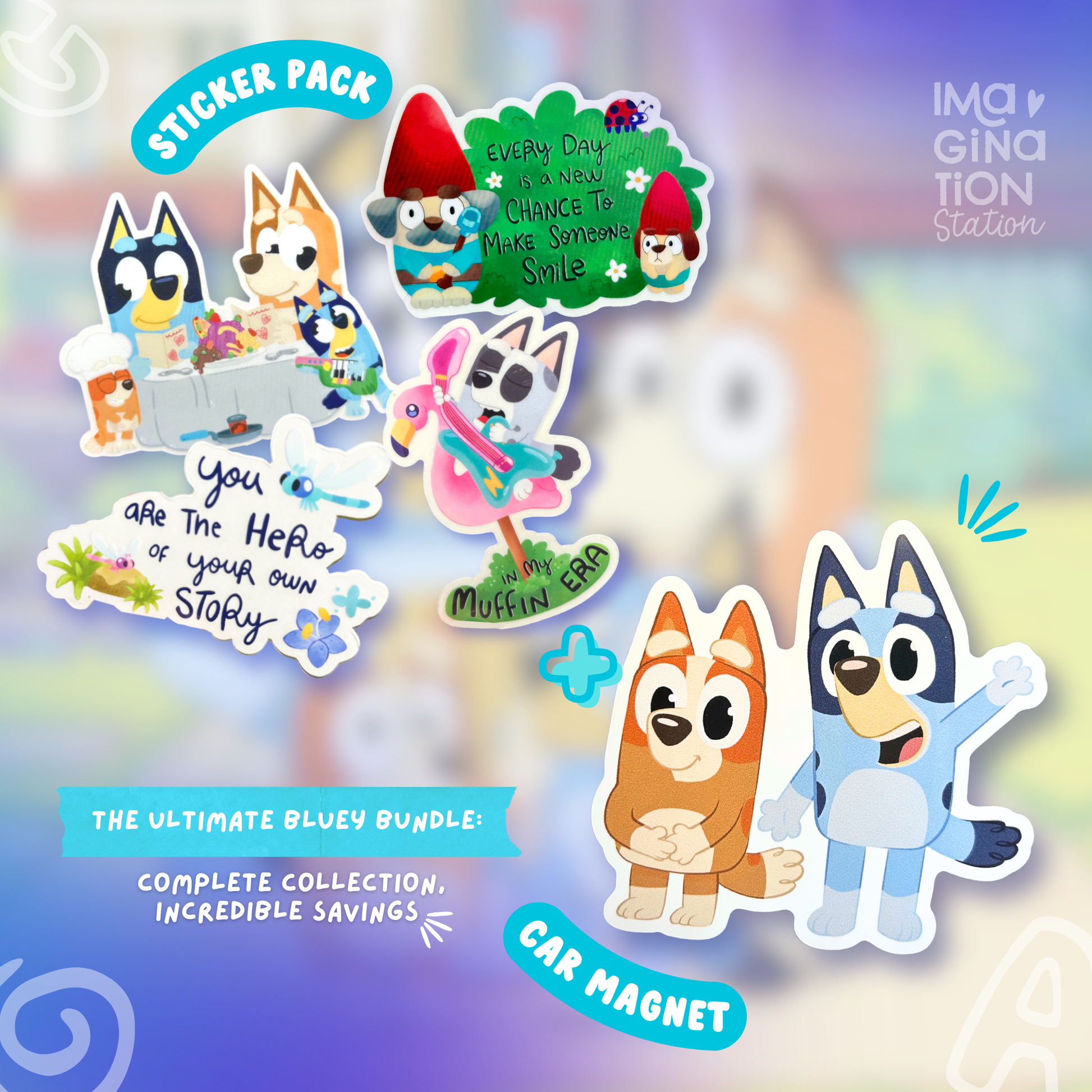 Bluey fun pack bundle contents – 4 waterproof stickers close up detail