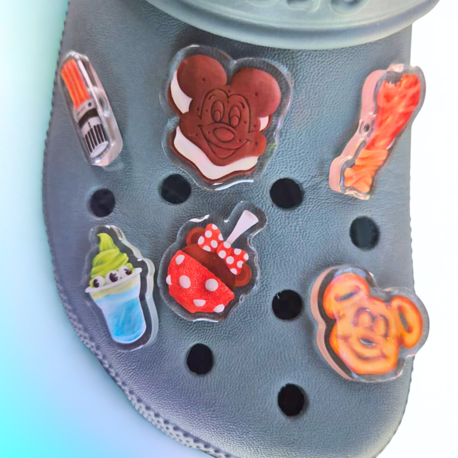 Disney snacks shoe charms on crocs – churros Mickey waffle acrylic parks accessories