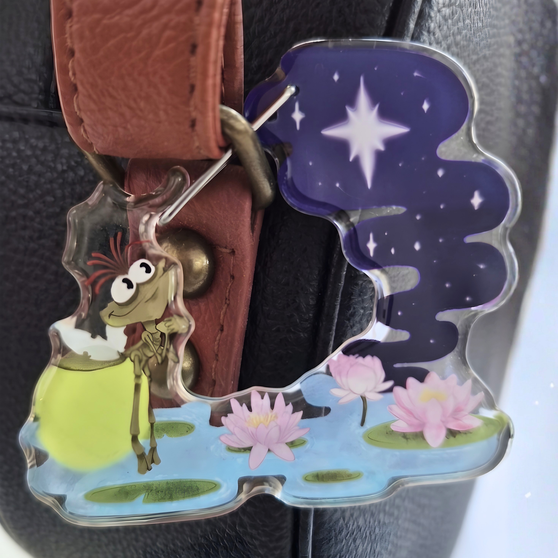 Ray and Evangeline Princess and the Frog keychain on bag – acrylic Disney charm clip