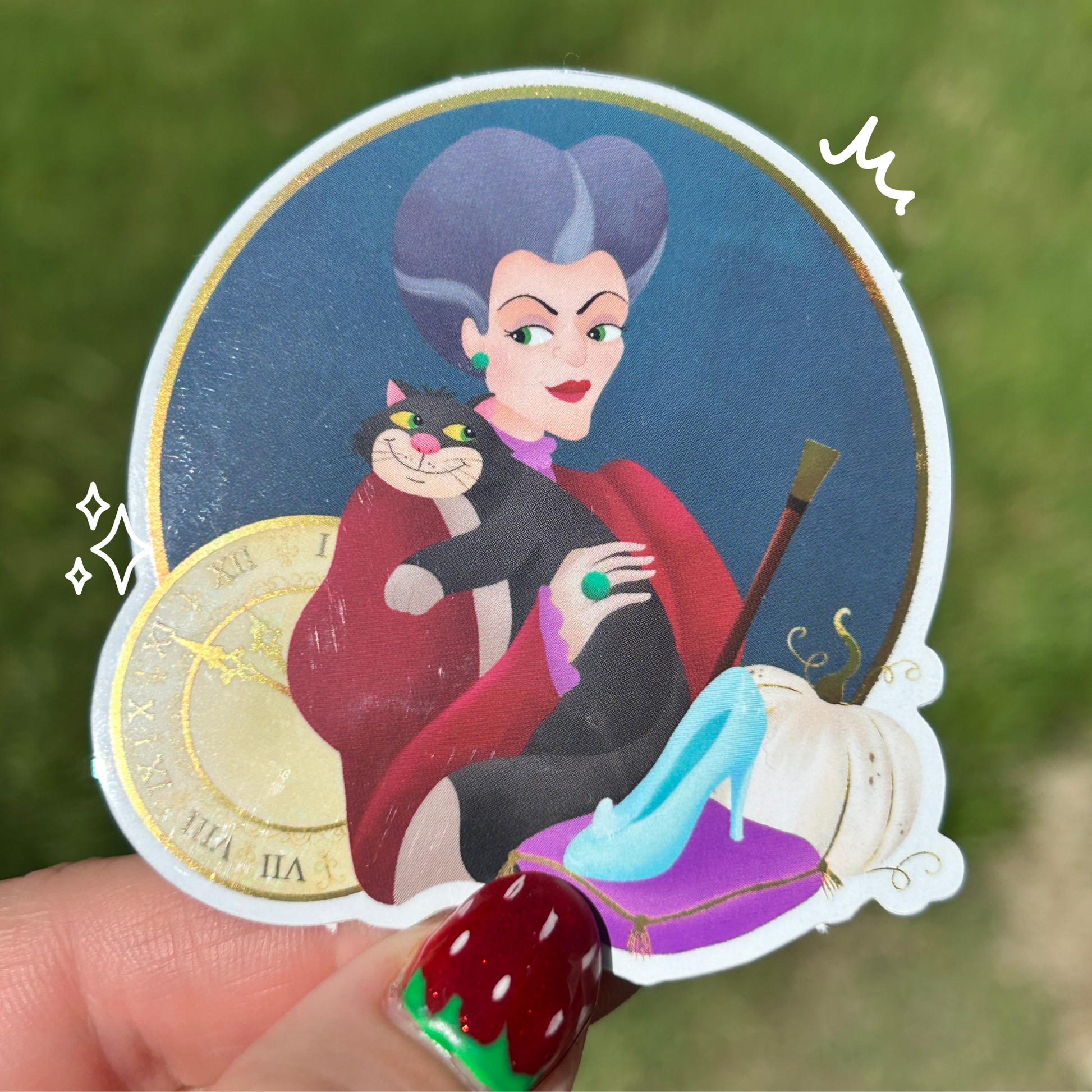 Lady Tremaine Cinderella sticker held by hand – mirror glossy Disney villain waterproof vinyl