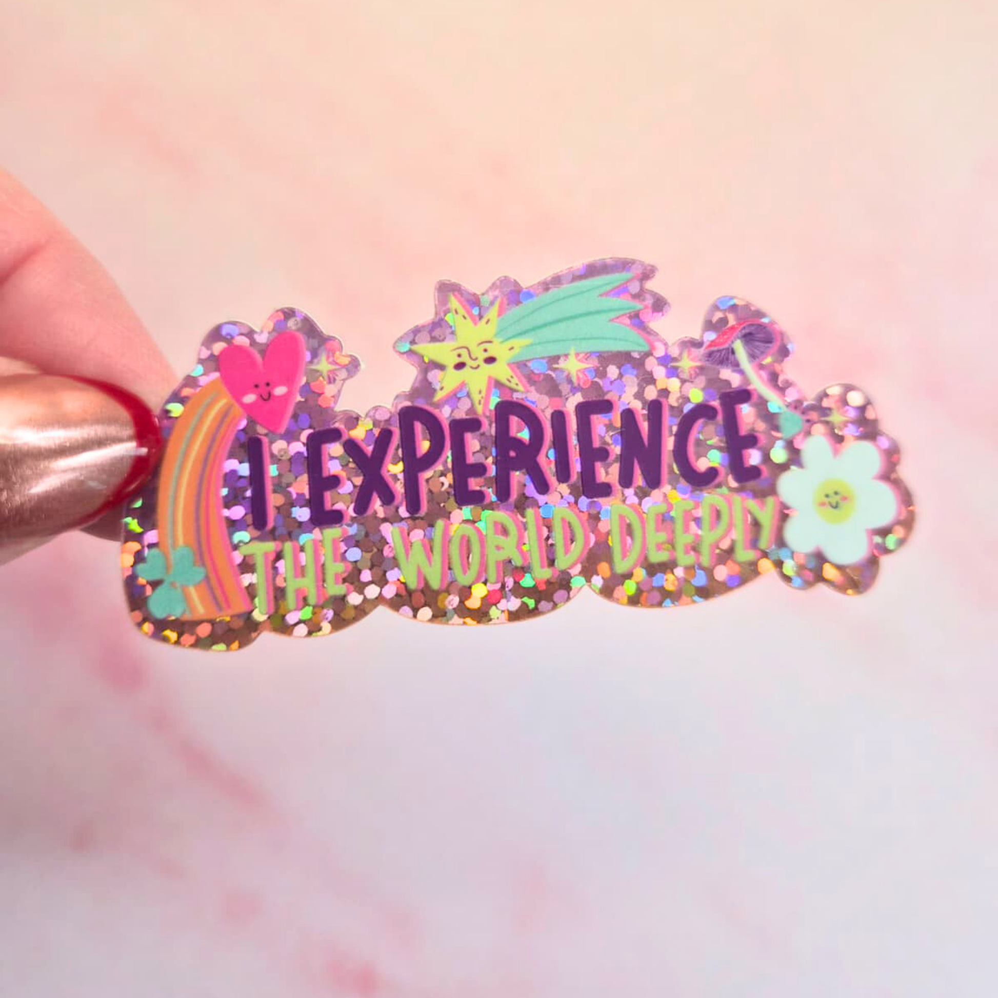 Glitter quote sticker held by hand – embedded sparkle motivational waterproof vinyl