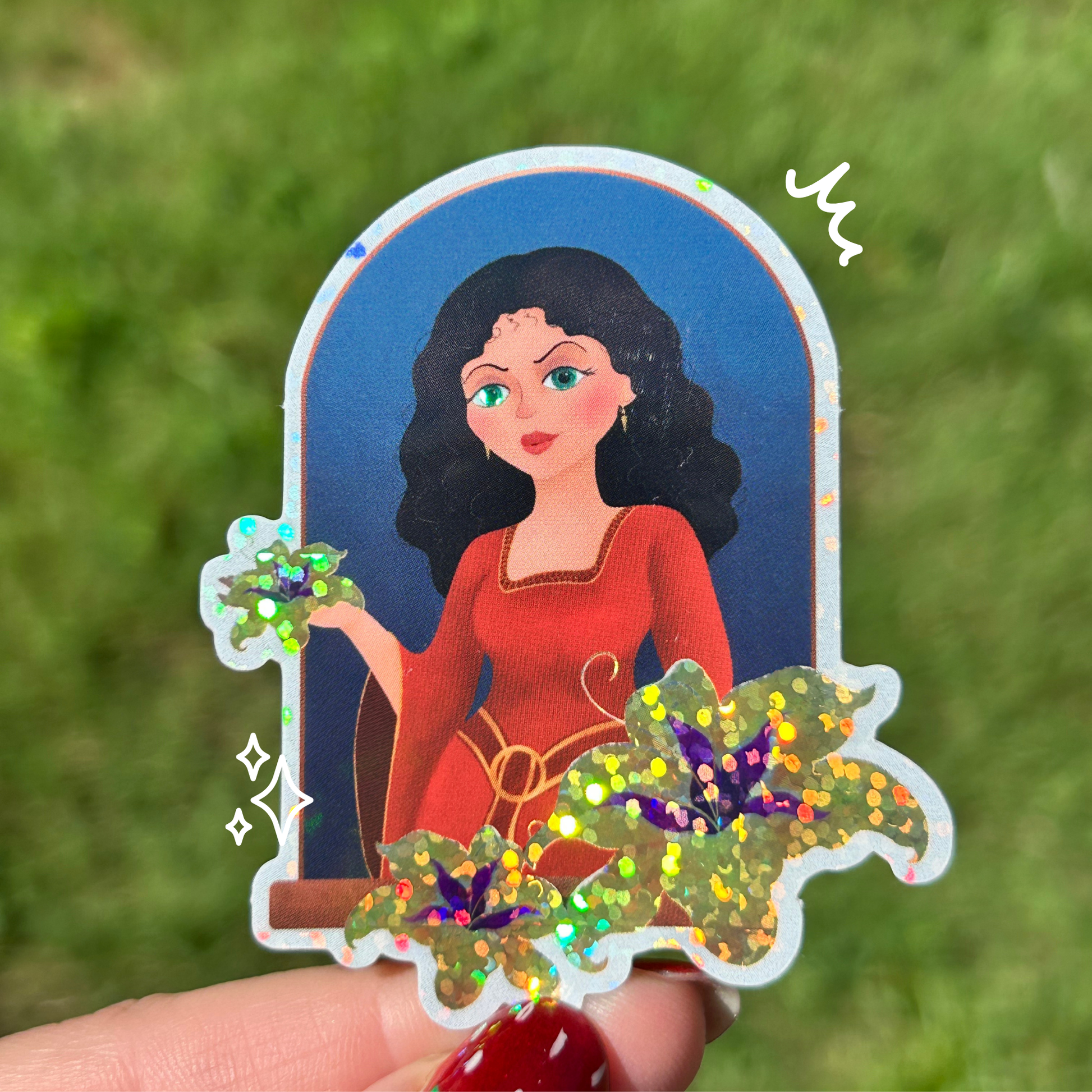 Mother Gothel Tangled sticker held by hand – glitter glossy Disney villain waterproof vinyl