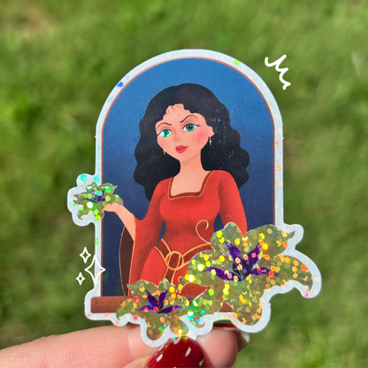 Mother Gothel Tangled sticker held by hand – glitter glossy Disney villain waterproof vinyl
