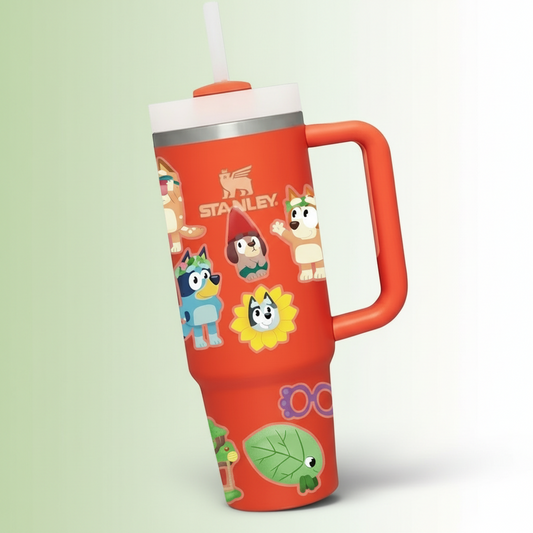 Stanley tumbler with cartoon characters on a colorful background