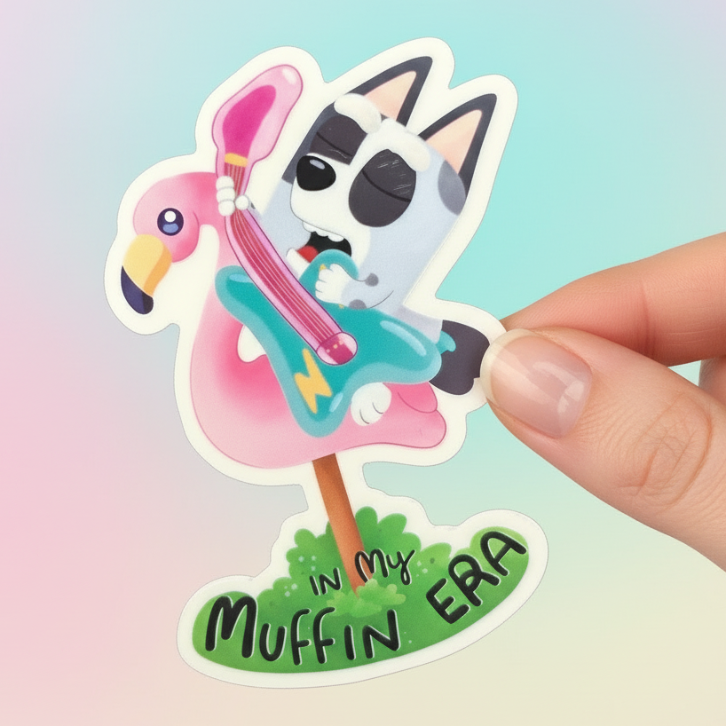 Sticker of a cartoon dog with a flamingo and 'In My Muffin Era' text held by a hand against a green leafy background.