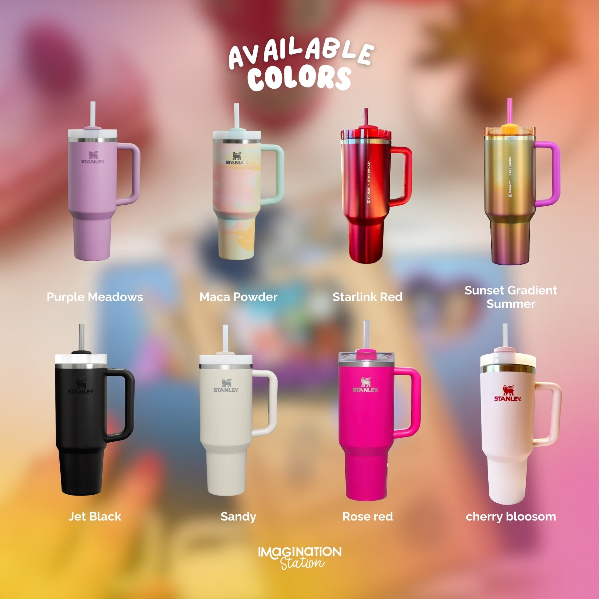 Color options for tumblers with brand name on a colorful blurred background