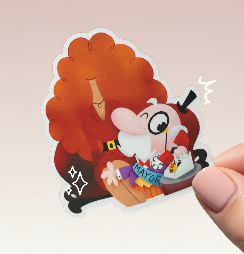 Sticker of a cartoon character on a white cup with speckled pattern