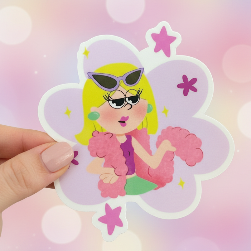 Cartoon character with butterfly wings holding a pink flower, against a blurred colorful background.