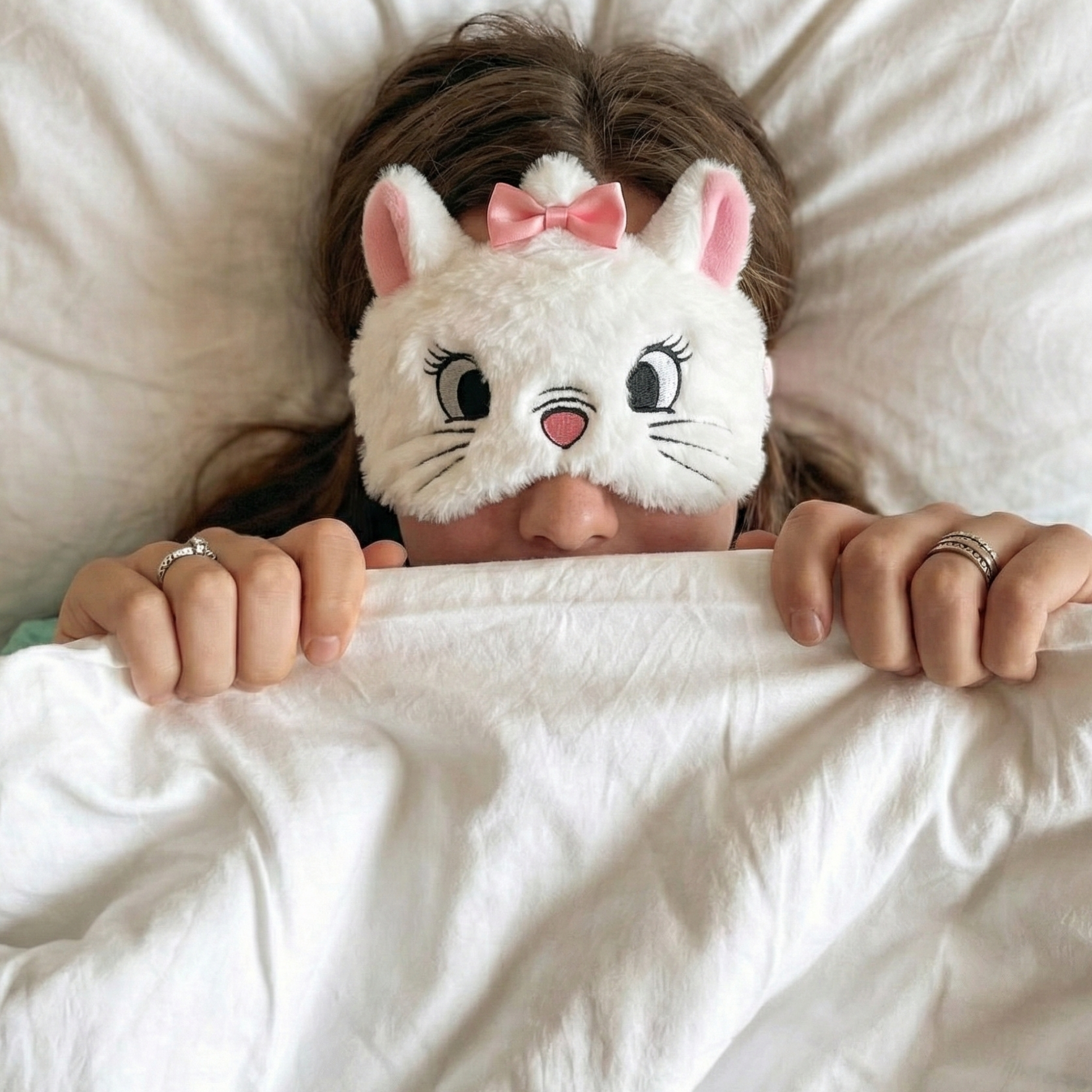 Marie Aristocats sleep mask worn – soft Disney character eye mask lifestyle shot