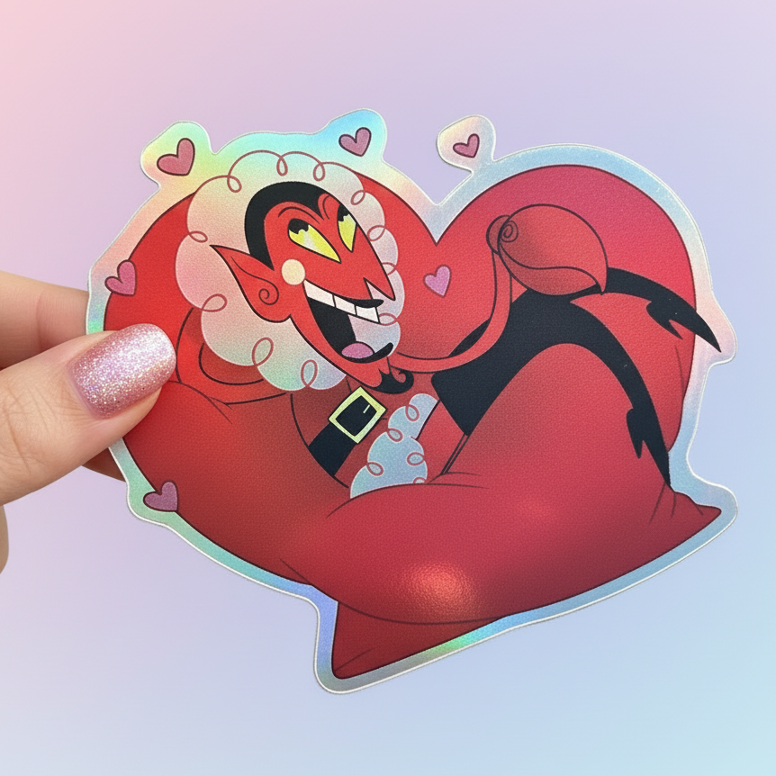 Cartoon character in a heart shape with a red background