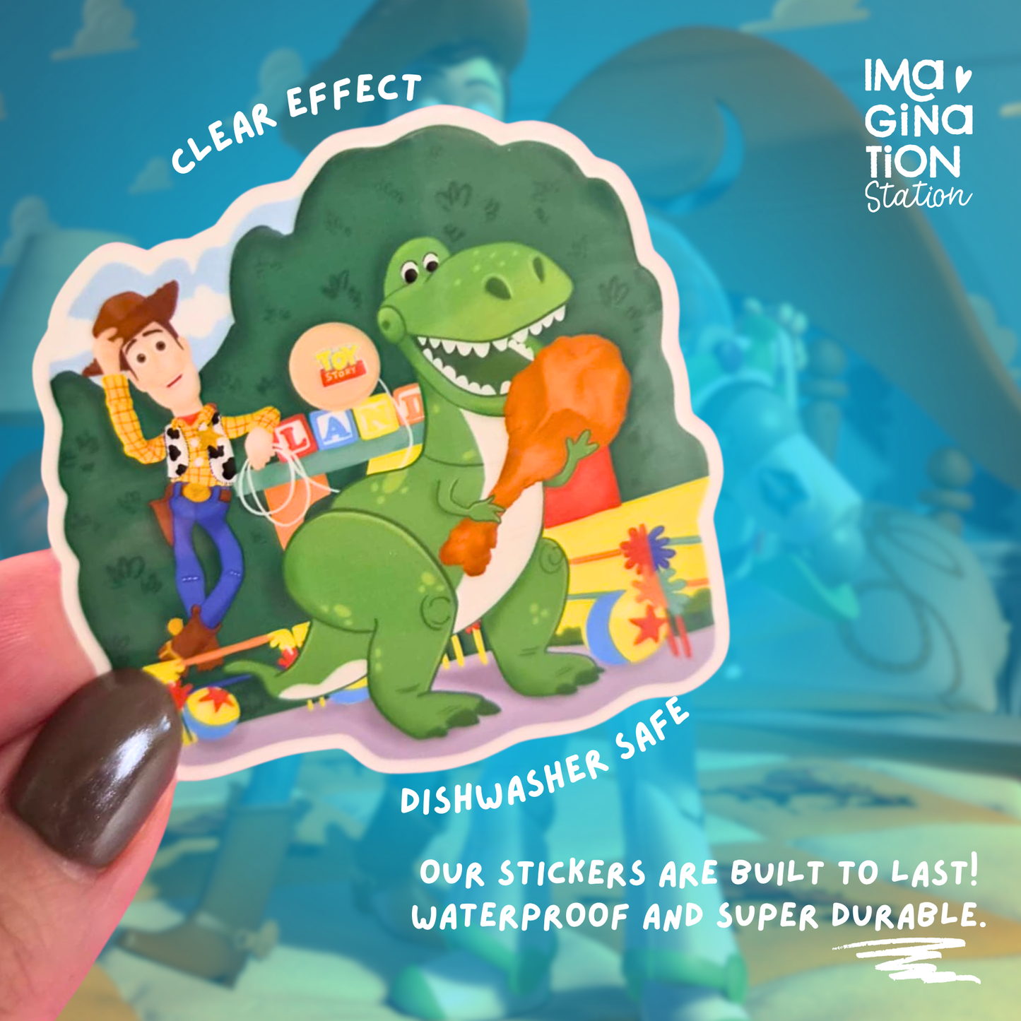 Sticker of a green dinosaur and a cowboy with text about durability on a blue background