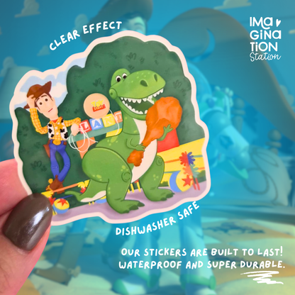 Sticker of a green dinosaur and a cowboy with text about durability on a blue background