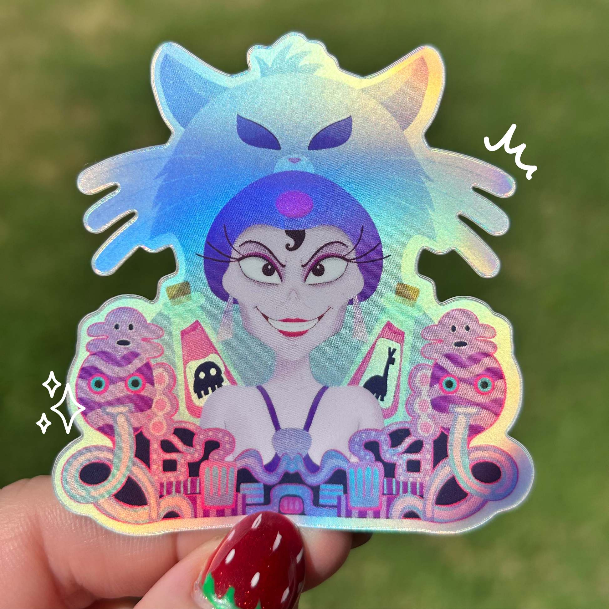 Yzma Emperor's New Groove sticker held by hand – holographic matte Disney villain vinyl