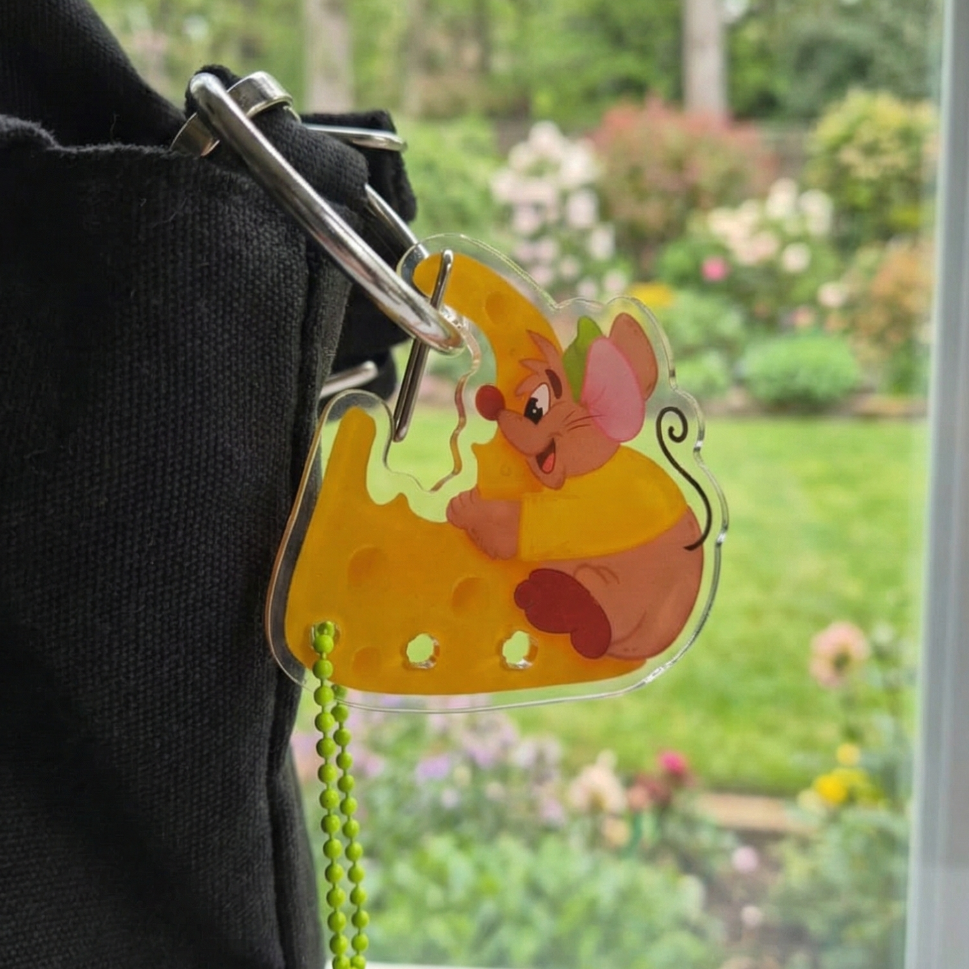 Cinderella Gus Gus carabiner detail – vibrant full-color mouse acrylic charm