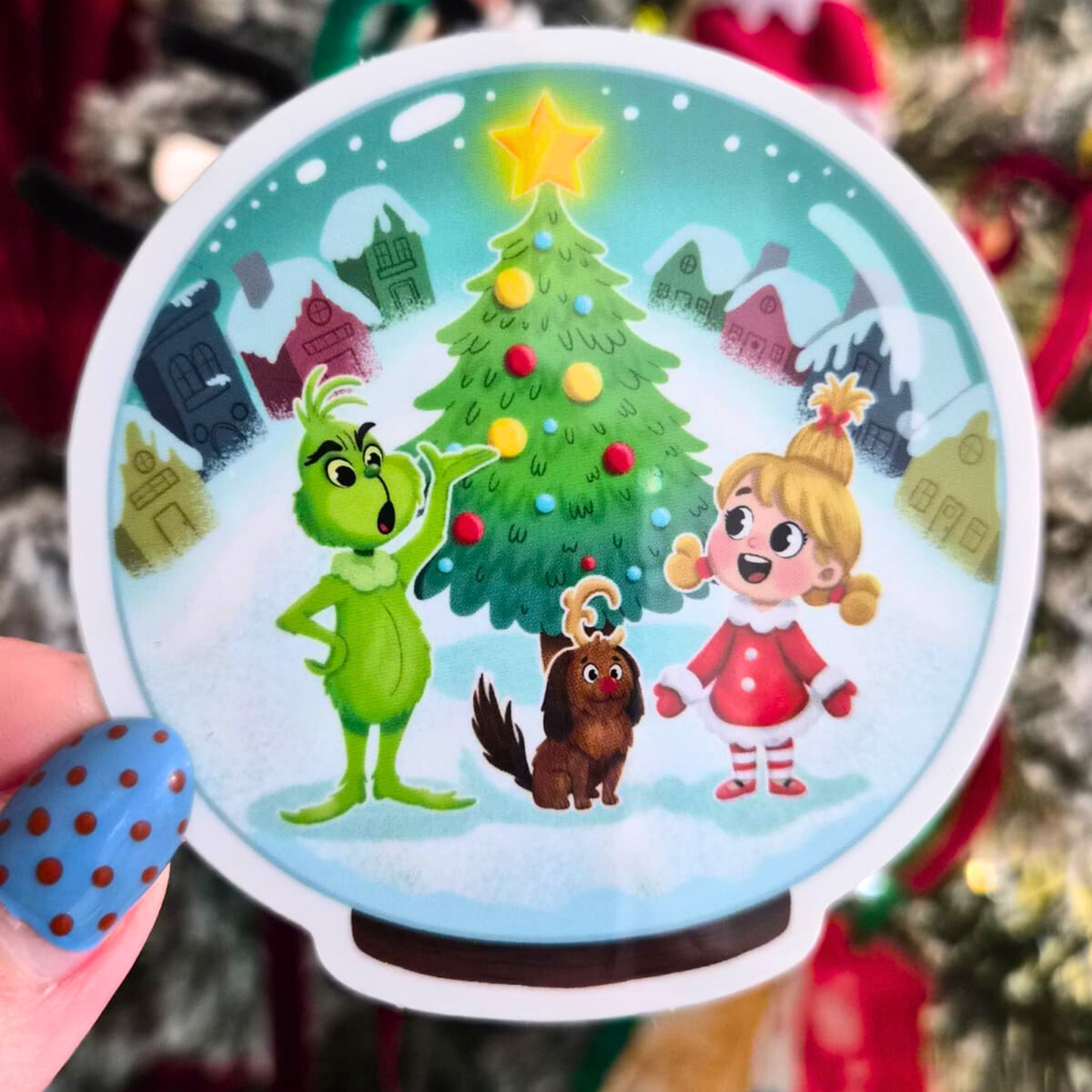 Grinch Cindy Lou sticker held by hand – Christmas glossy waterproof Disney vinyl decal