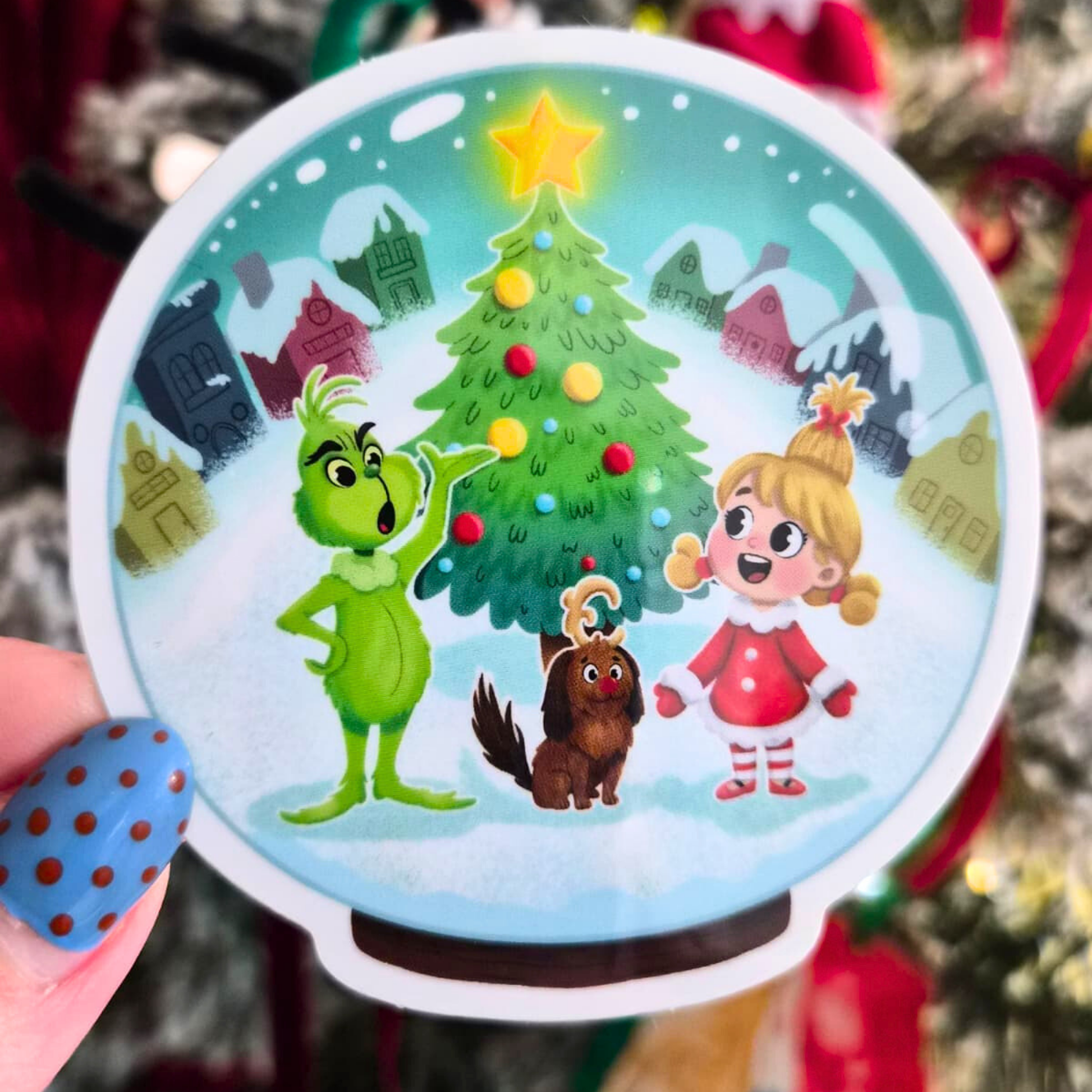 Grinch Cindy Lou sticker held by hand – Christmas glossy waterproof Disney vinyl decal