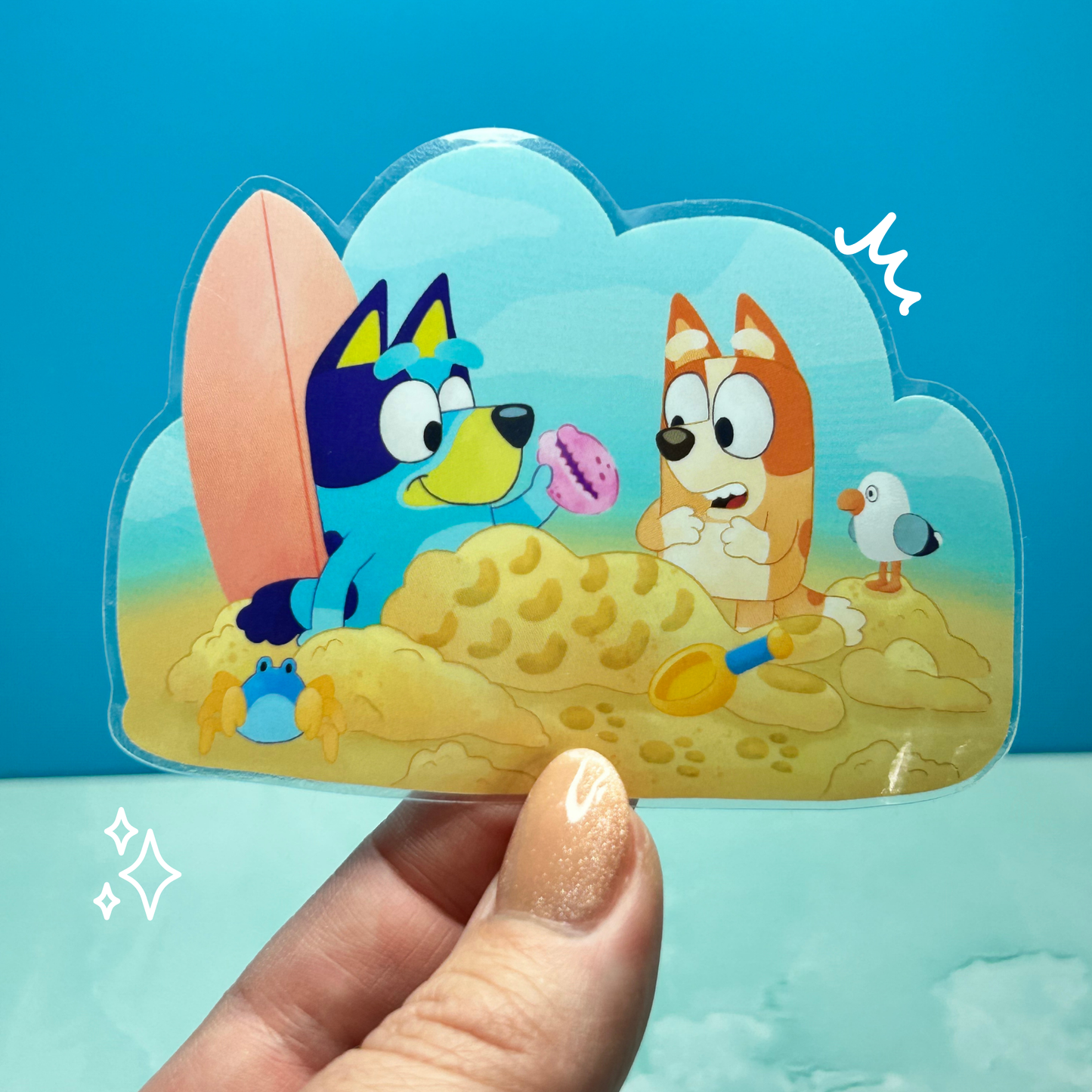 Bluey and Bingo beach sticker on water bottle – summer adventure Disney vinyl