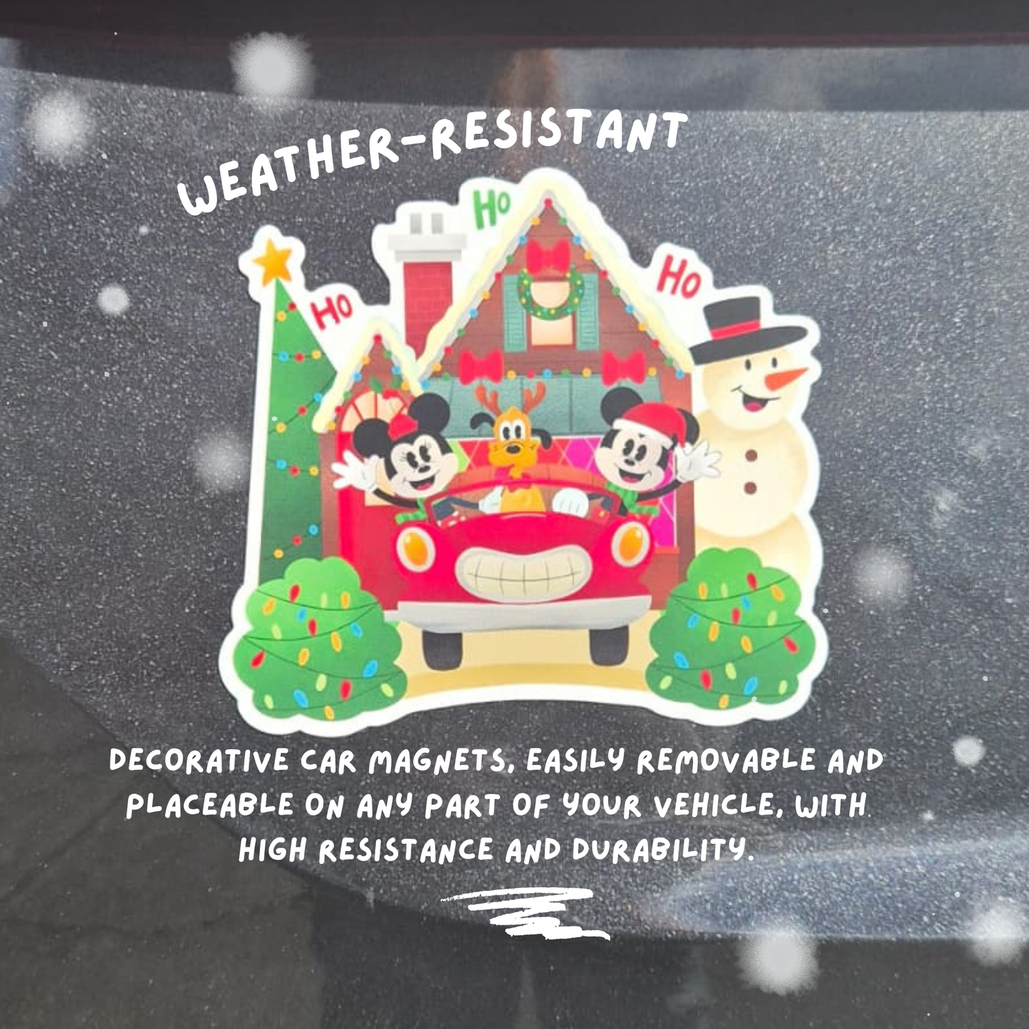 Decorative car magnet with Christmas design featuring Mickey Mouse and friends on a vehicle window.