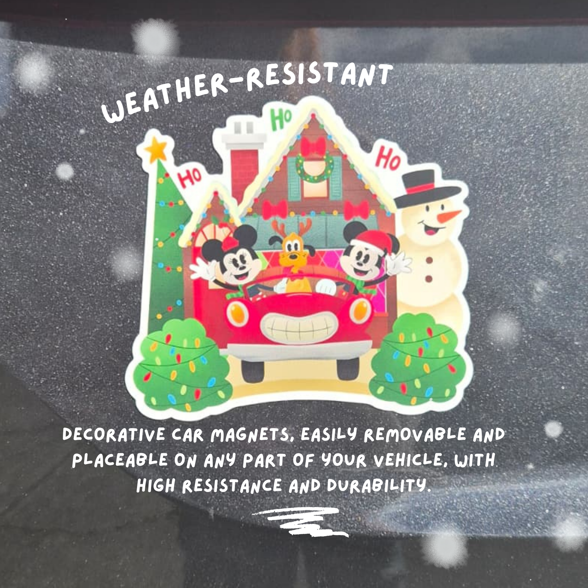 Decorative car magnet with Christmas design featuring Mickey Mouse and friends on a vehicle window.