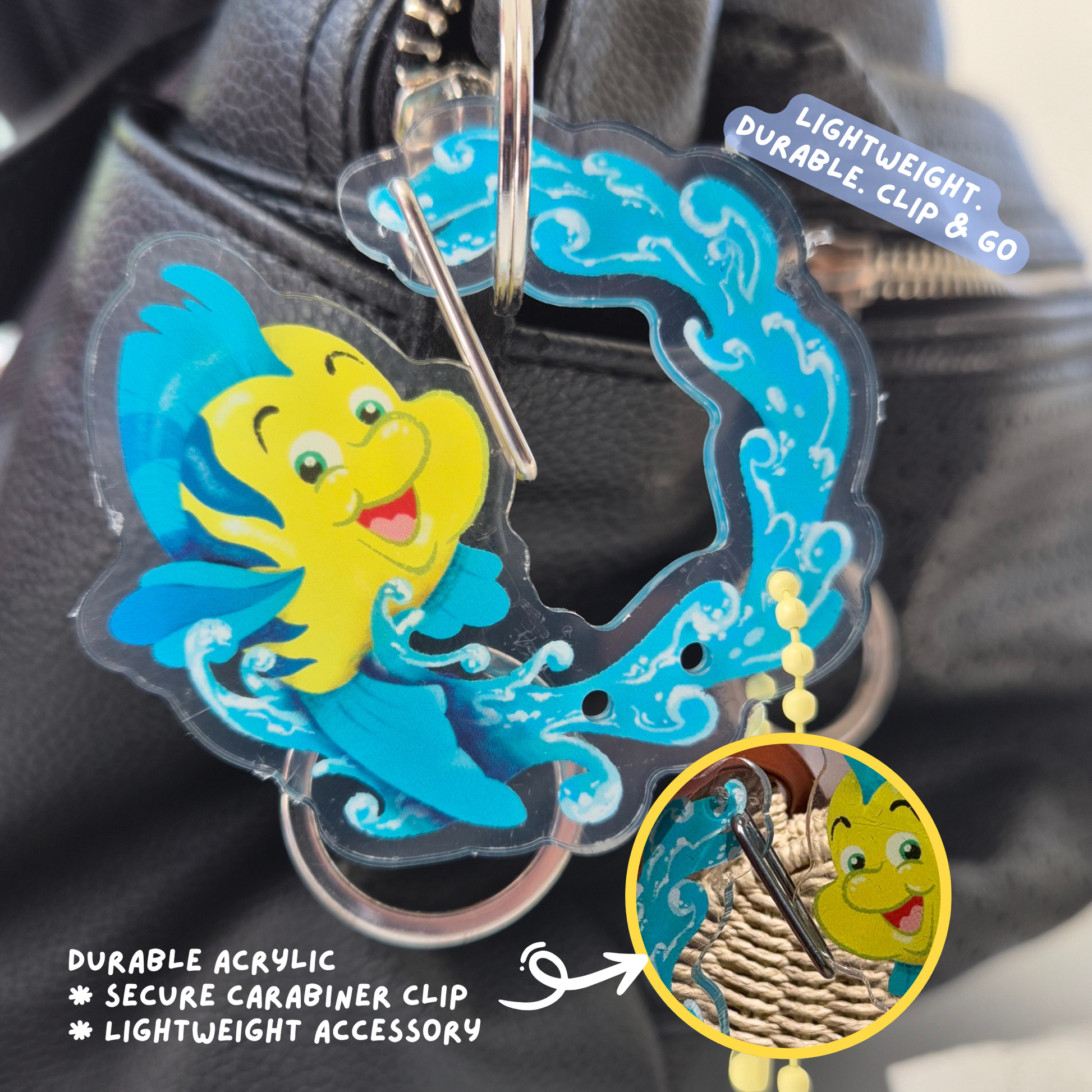 Little Mermaid accessories bundle contents – Flounder carabiner, phone holder and stickers