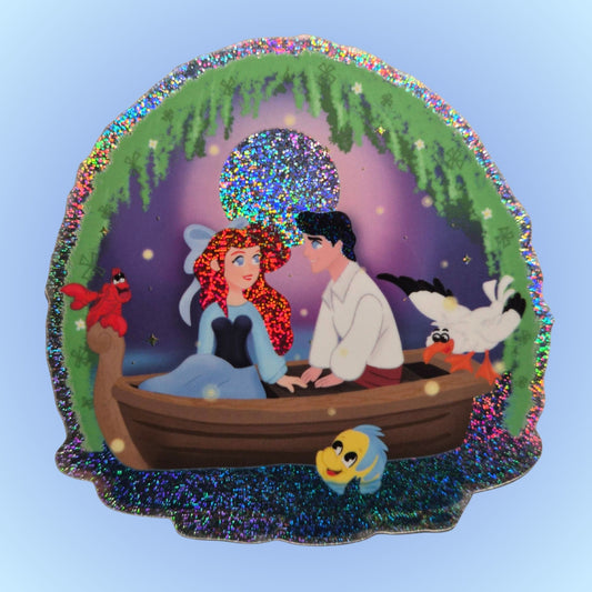 Animated scene with a couple in a boat surrounded by characters and a colorful frame.
