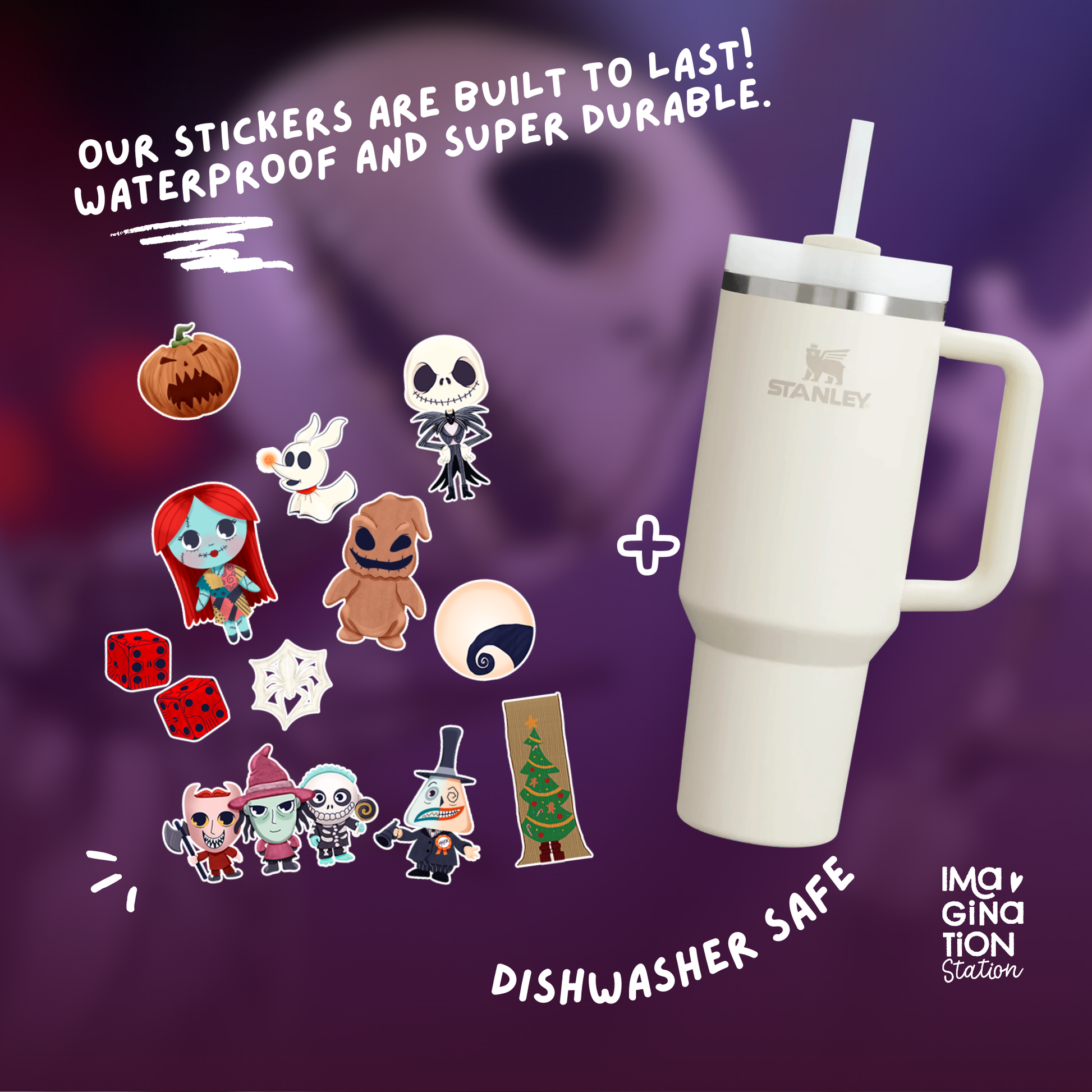 Stanley mug with Halloween-themed stickers on a purple background