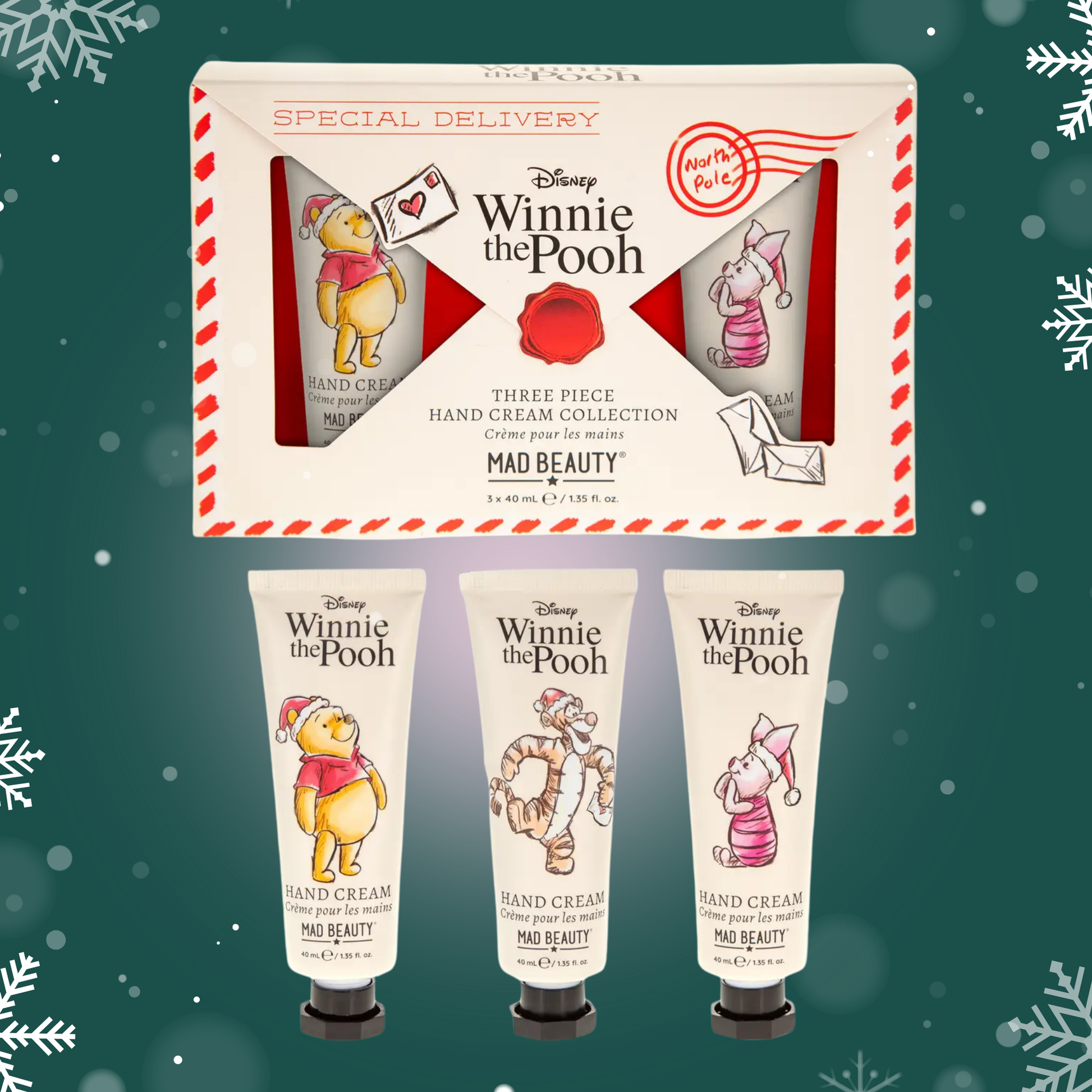 Winnie the Pooh hand cream collection with packaging on a festive background