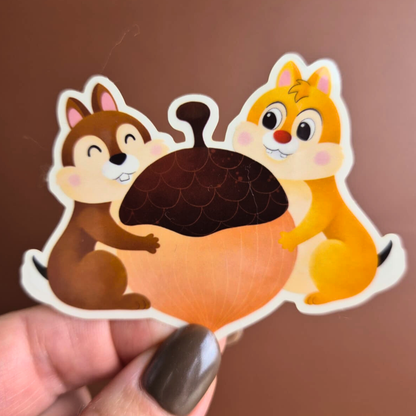 Chip and Dale Disney sticker held by hand – clear glossy waterproof chipmunk vinyl