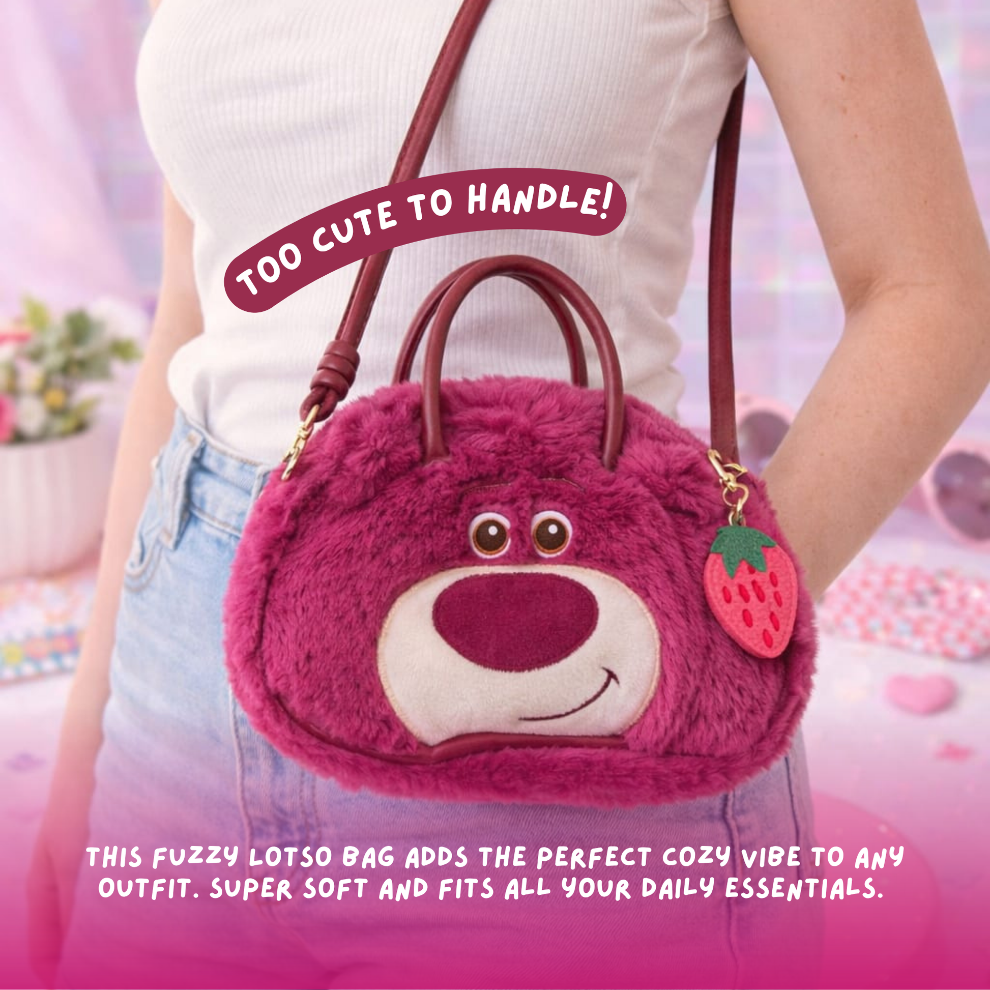 Lotso Bear plush bag close up – pink fuzzy texture and gold zipper hardware detail