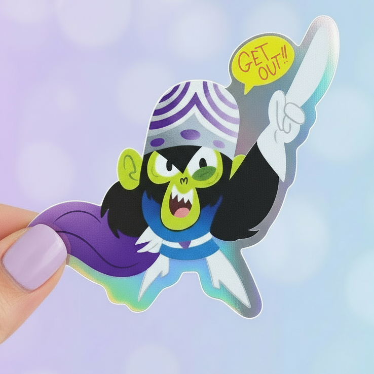 Holographic sticker of a cartoon character with a speech bubble on a blurred background