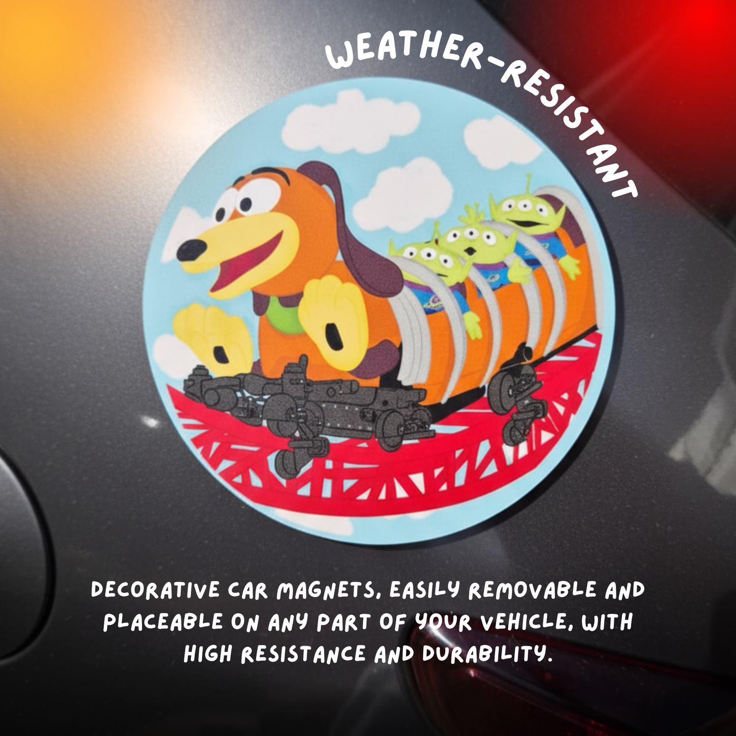Decorative car magnet with cartoon character on a vehicle, featuring text about weather-resistance and durability.