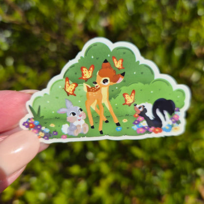Bambi sticker on water bottle – clear glossy Disney forest fawn vinyl decal