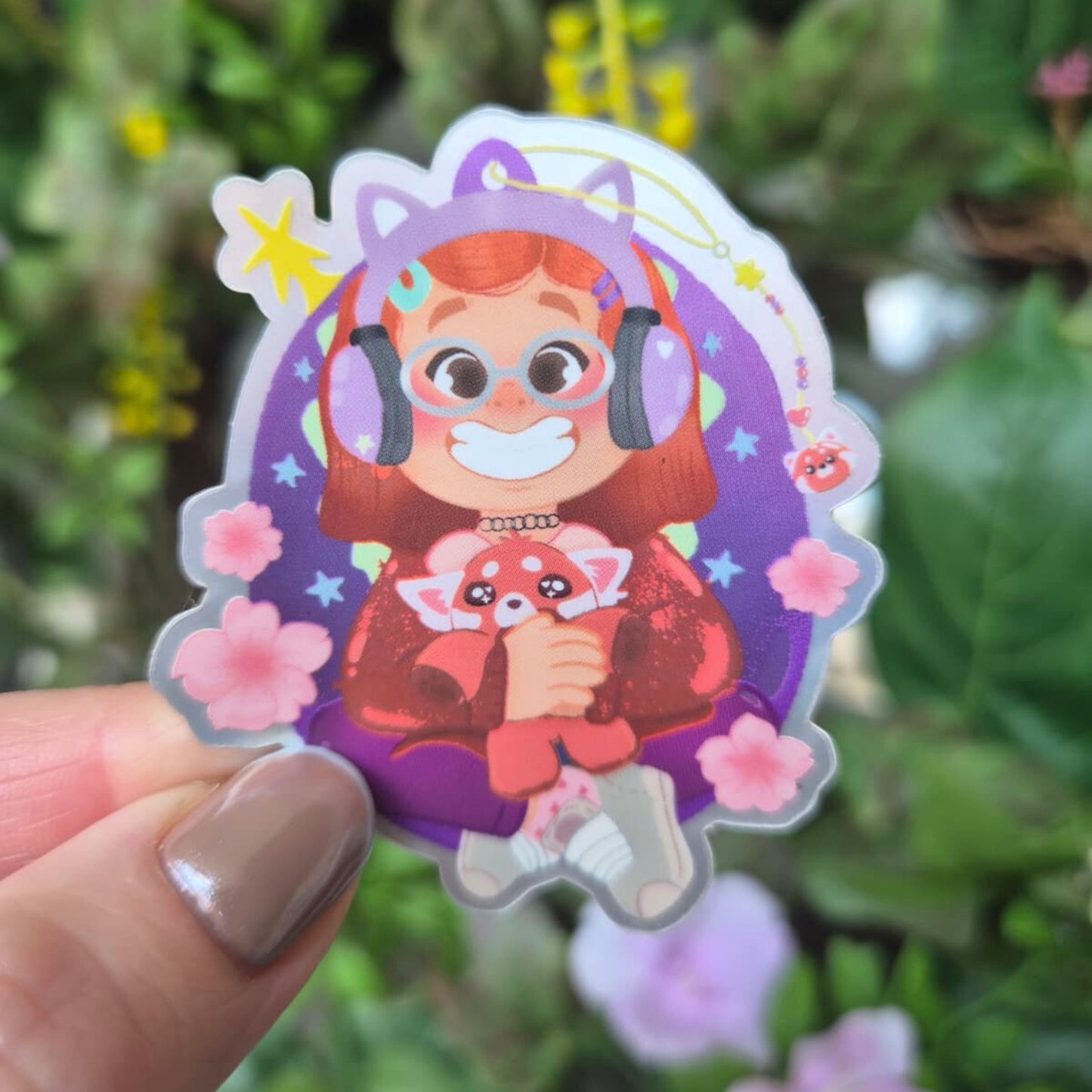 Mei Mei sticker held by hand – Turning Red holographic rainbow shimmer Disney Pixar vinyl